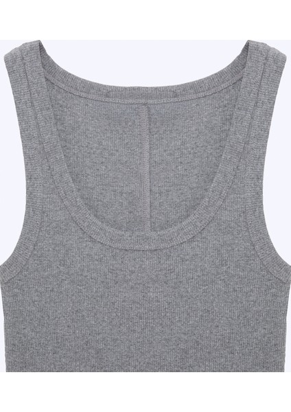 Lıllesol Kadın Fitilli Görünümlü Slim Fit Vücuda Oturan Havuz Yakalı Pamuklu Basic Antrasit Atlet