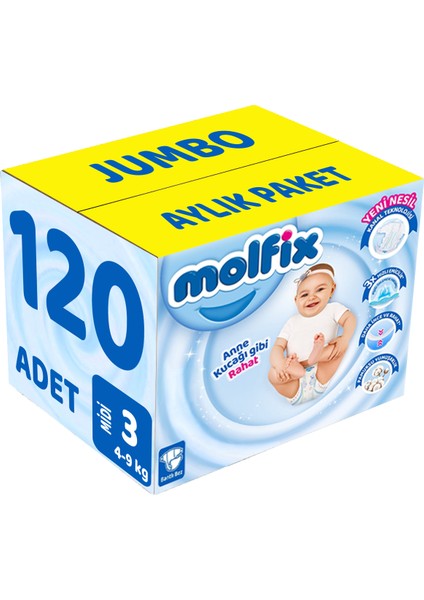 Bebek Bezi Beden:3 (4-9kg) Midi 120 Adet Jumbo Aylık Pk