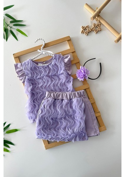 Tül S Detaylı Kız Çocuk Taçlı Şort Etekli Kız Çocuk 3 lü takım - Lila