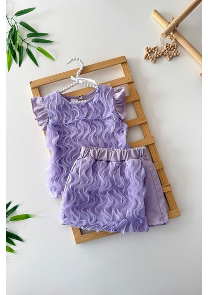 Tül S Detaylı Kız Çocuk Taçlı Şort Etekli Kız Çocuk 3 lü takım - Lila modelleri