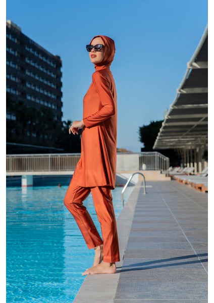 Rukomayo Taba Renk Balıkçı Yaka Lycra ( Su Itici ve Çabuk Kuruyan ) Kumaş Tesettür Mayo modelleri