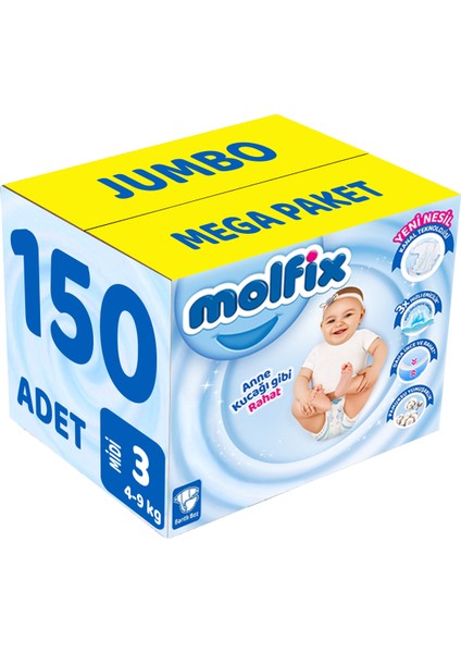 Bebek Bezi Beden:3 (4-9kg) Midi 150 Adet Jumbo Mega Pk