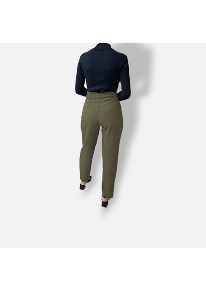 Haki Slim Fit Yüksek Bel Pantolon
