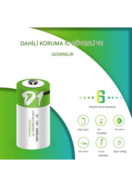 USB Şarjlı D Pil 2 Li Set 1.5V 12000MAH Lityum Şarjlı D Pil Batarya 1200 Şarj Döngüsü
