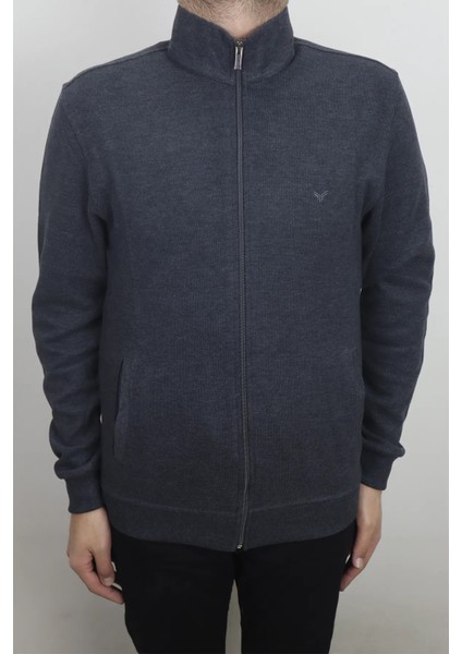 Fistan Store Erkek Düz Normal Kalıp Hakim Yaka Selanik Kumaşlı Fermuarlı Kışlık Hırka