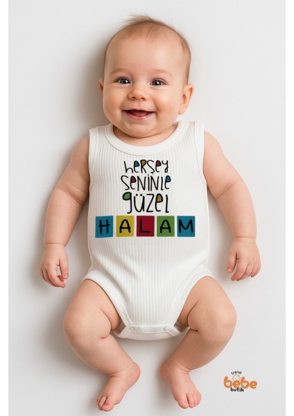 Her Şey Seninle Güzel Halam Yazılı 6-36 Ay Çıtçıtlı Zıbın Pamuklu Bebek Tulum Body Ribana
