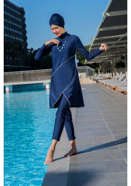 Rukomayo Lacviert Katlı Model Lycra ( Su Itici ve Çabuk Kuruyan ) Kumaş Tesettür Mayo