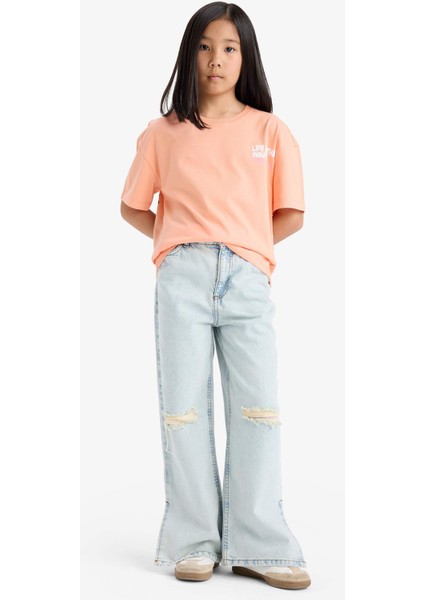 Kız Çocuk Relax Fit Bisiklet Yaka Sırt Baskılı Kısa Kollu Tişört E0354A825SM fiyatları