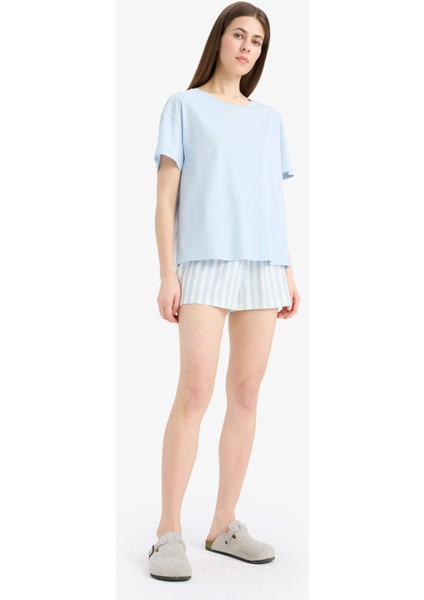 Regular Fit Pijama Takımı Kısa Kollu Üst Esnek Belli Şort-Fall in Love E4323AX25SM