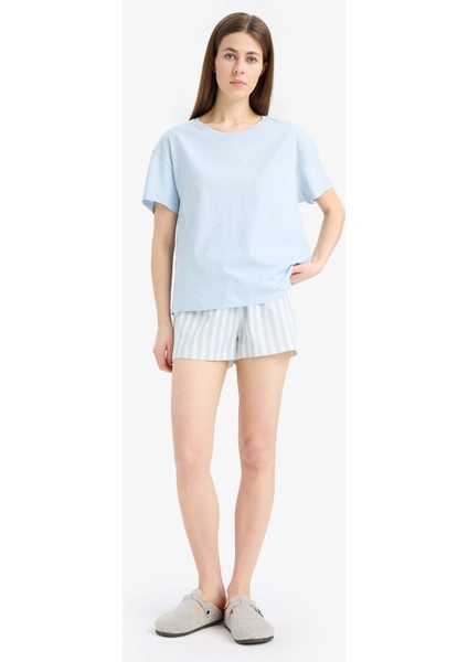 Regular Fit Pijama Takımı Kısa Kollu Üst Esnek Belli Şort-Fall in Love E4323AX25SM