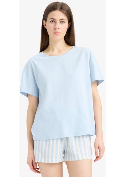 Regular Fit Pijama Takımı Kısa Kollu Üst Esnek Belli Şort-Fall in Love E4323AX25SM