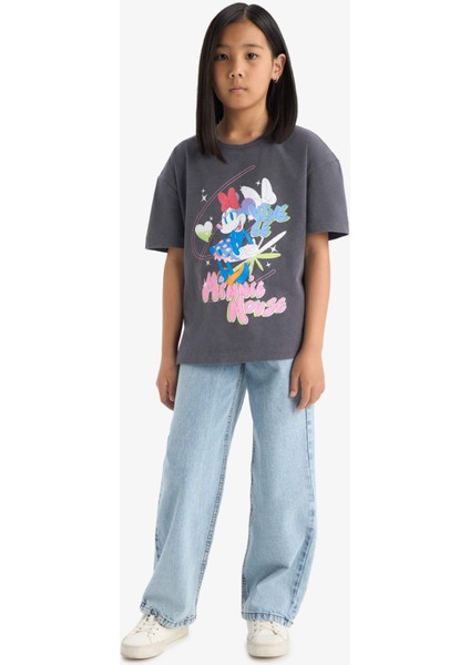 Kız Çocuk Disney Mickey & Minnie Oversize Geniş Kalıp Bisiklet Yaka Kısa Kollu Tişört E2617A825SM fiyatları