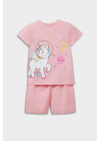 Kız Bebek Pijama Takımı Unicorn Baskılı Kısa Kollu Penye Üst Beli Lastikli Şort E1553A525HS