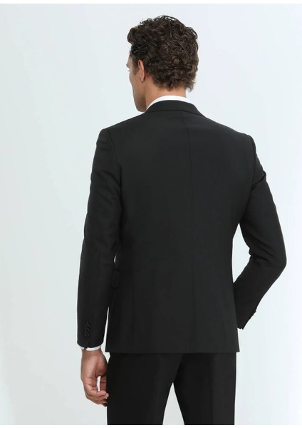 Siyah Düz Modern Fit Yün Karışımlı Takım Elbise