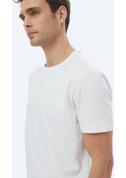 Beyaz Düz Bisiklet Yaka Pamuk Karışımlı T-Shirt