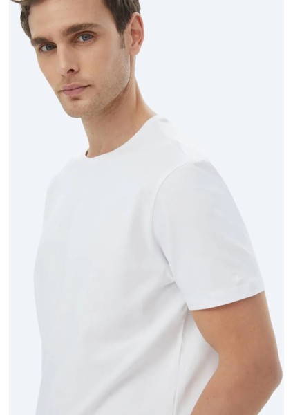 Beyaz Düz Bisiklet Yaka Pamuk Karışımlı T-Shirt
