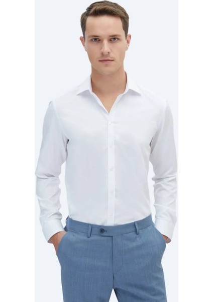 Beyaz Düz Slim Fit Dokuma Klasik %100 Pamuk Gömlek