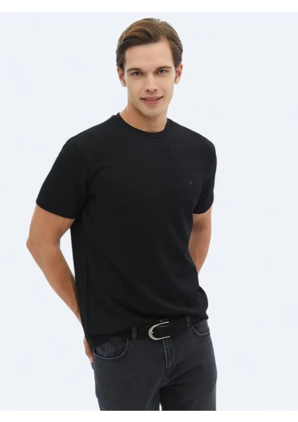 Siyah Düz Bisiklet Yaka T-Shirt