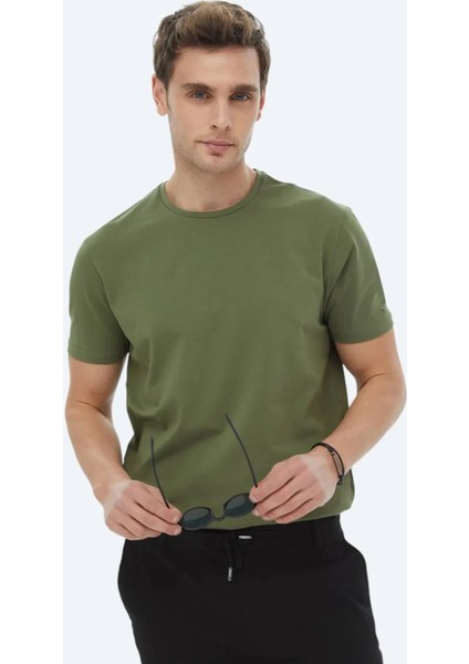 Haki Düz Bisiklet Yaka Pamuk Karışımlı T-Shirt