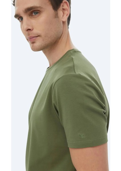 Haki Düz Bisiklet Yaka Pamuk Karışımlı T-Shirt modelleri