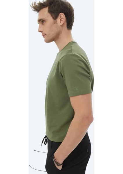 Haki Düz Bisiklet Yaka Pamuk Karışımlı T-Shirt fırsatları