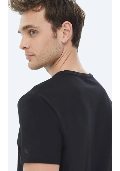 Siyah Düz Bisiklet Yaka Pamuk Karışımlı T-Shirt indirimleri