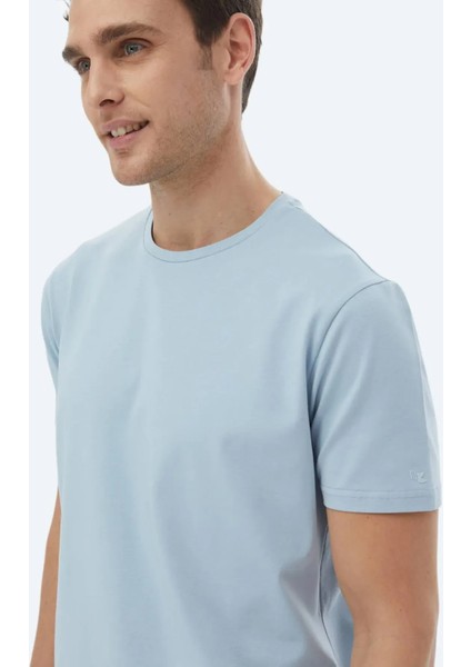 Mavi Düz Bisiklet Yaka Pamuk Karışımlı T-Shirt modelleri