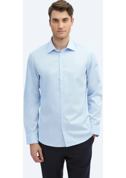 Koyu Mavi Düz Slim Fit Dokuma Klasik %100 Pamuk Gömlek
