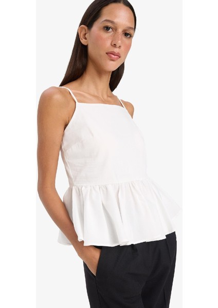 Fitted Volanlı Poplin Askılı Beyaz Bluz F2317AX25SM