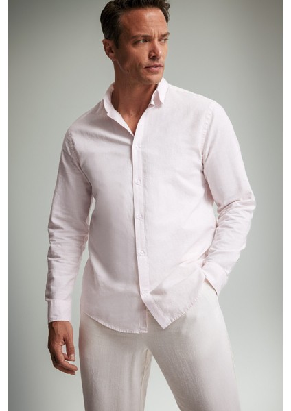 Regular Fit Polo Yaka Keten Yazlık Uzun Kollu Gömlek E1729AX25SP