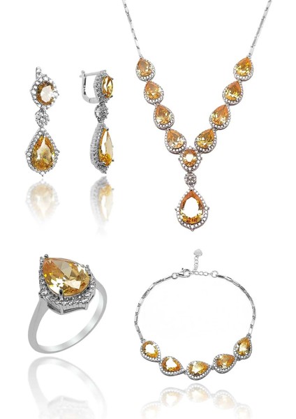 Şampanya Sitrin Taşlı Damla Model 925 Ayar Gümüş Dörtlü Set 201024157
