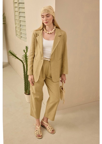 Keten Blazer Ceket Açık Camel
