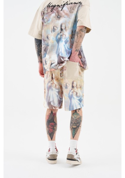 Erkek Baroque Style Painting Printed Soft Bej Şort