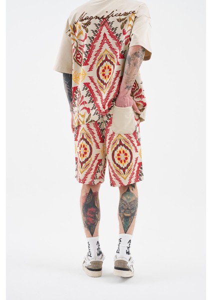 Erkek Ethnical Printed And Embroidered Soft Bej Şort