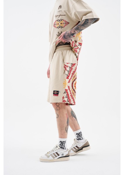 Erkek Ethnical Printed And Embroidered Soft Bej Şort