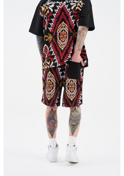 Erkek Ethnical Printed And Embroidered Siyah Şort