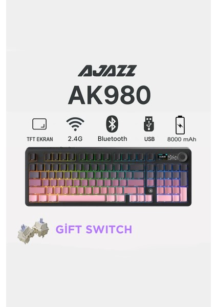AK980 3 Modlu Hot-Swap Tft Ekranlı Mekanik Oyun KLAVYESI-8.000 Mah Batarya Dinamik Rgb