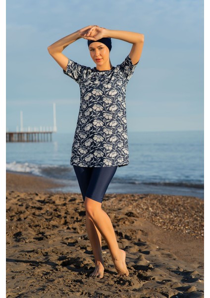 Lacivert Desenli Yarım Kol Büyük Beden Micro (Esnek ve Çabuk Kuruyan) Kumaş Yarı Tesettür Mayo