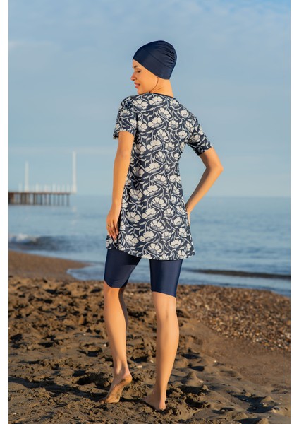 Lacivert Desenli Yarım Kol Büyük Beden Micro (Esnek ve Çabuk Kuruyan) Kumaş Yarı Tesettür Mayo fiyatları