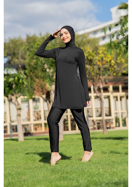 Siyah Balıkçı Yaka Micro (Esnek ve Çabuk Kuruyan) Kumaş Tesettür Mayo