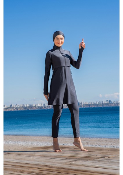 Rukomayo Gri Crop Model Lycra ( Su Itici ve Çabuk Kuruyan ) Kumaş Tesettür Mayo