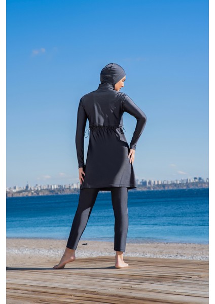 Rukomayo Gri Crop Model Lycra ( Su Itici ve Çabuk Kuruyan ) Kumaş Tesettür Mayo modelleri