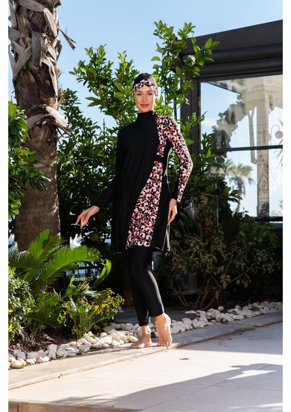 Rukomayo Siyah Çapraz Model Çiçek Desenli Lycra ( Su Itici ve Çabuk Kuruyan ) Kumaş Tesettür Mayo