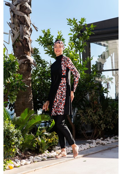 Rukomayo Siyah Çapraz Model Çiçek Desenli Lycra ( Su Itici ve Çabuk Kuruyan ) Kumaş Tesettür Mayo fiyatları
