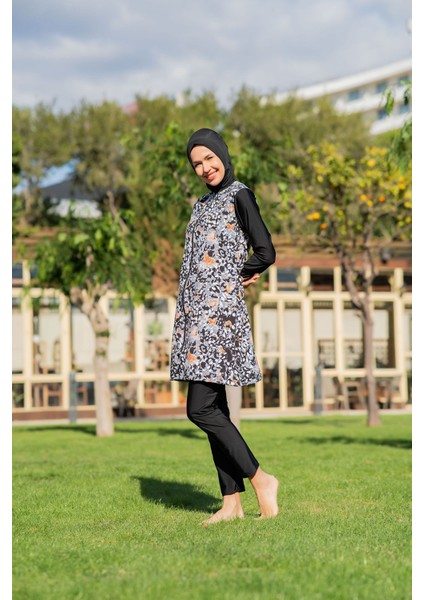 Siyah Desenli Yaprak Desenli Büyük Beden Paraşüt Kumaş Tesettür Mayo