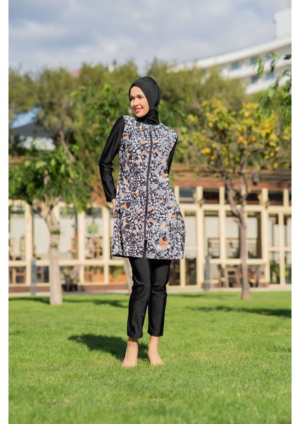 Siyah Desenli Yaprak Desenli Büyük Beden Paraşüt Kumaş Tesettür Mayo fiyatları