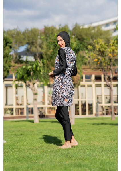 Siyah Desenli Yaprak Desenli Büyük Beden Paraşüt Kumaş Tesettür Mayo modelleri