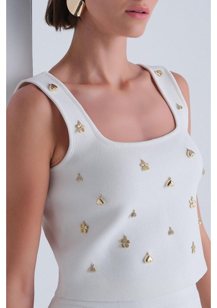 Kadın Gold Aksesuarlı Kare Yaka Crop - Ekru