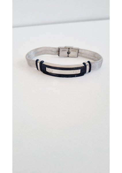 316L Paslanmaz Çelik Siyah Detaylı Gümüş Renk Bileklik