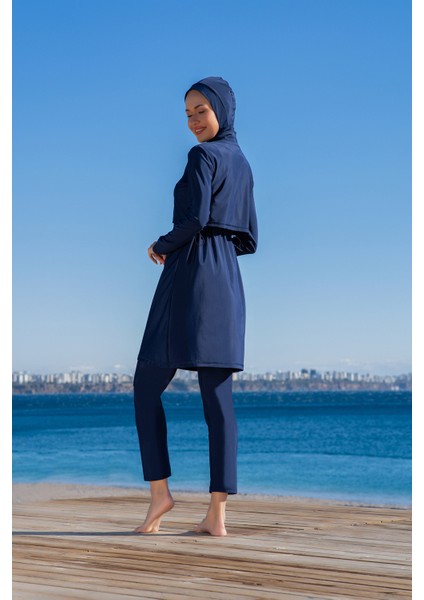 Rukomayo Lacivert Crop Model Lycra ( Su Itici ve Çabuk Kuruyan ) Kumaş Tesettür Mayo modelleri